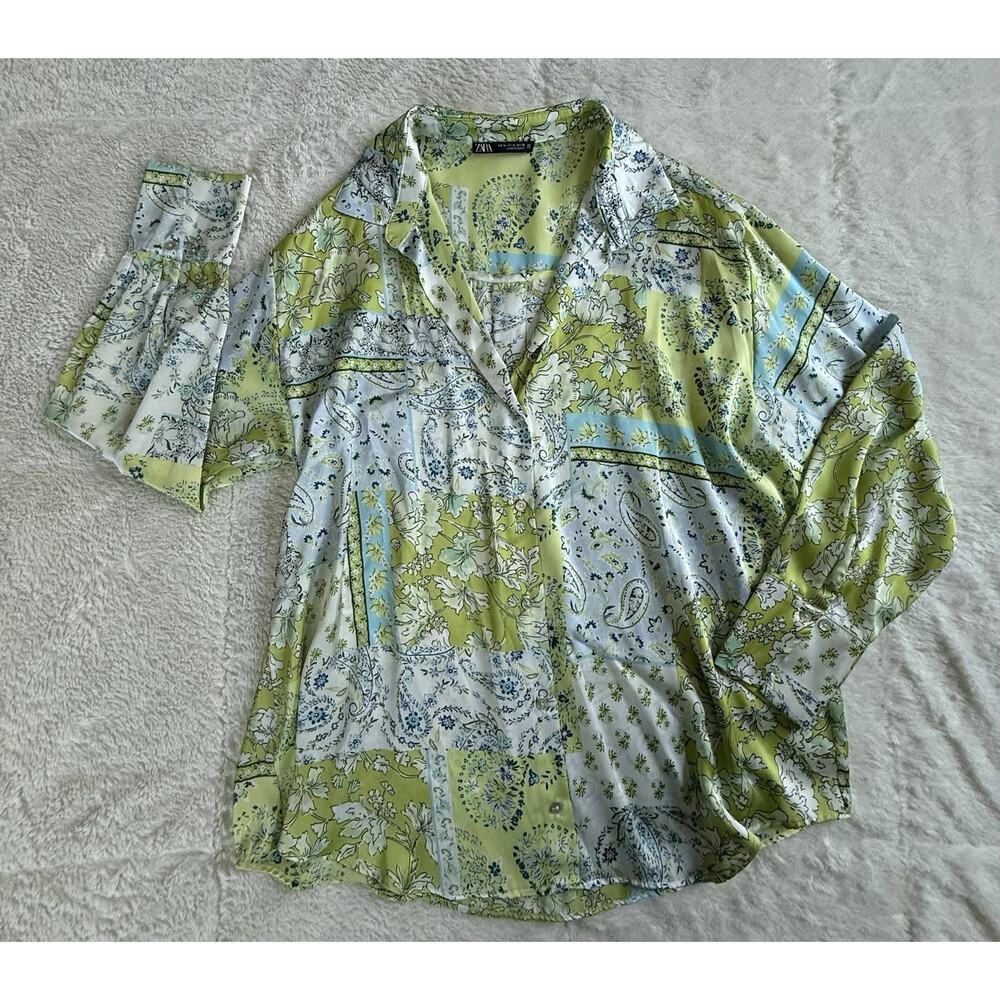 Zara Satin Paisley Patchwork Top Women’s XL Button Front Green Blue